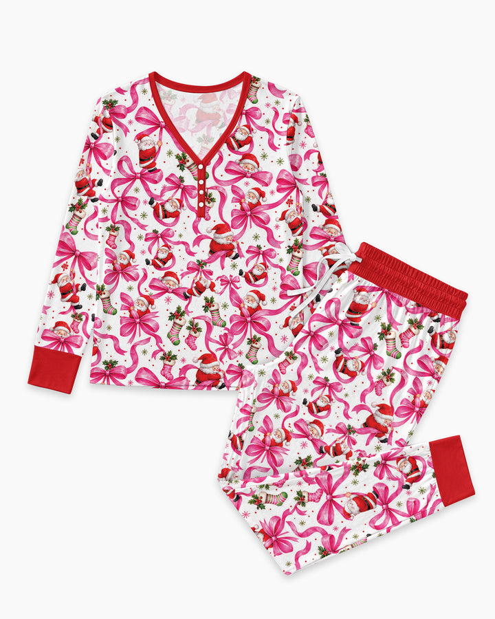 Pink Christmas Santa Bows Bamboo Women Pajama Set