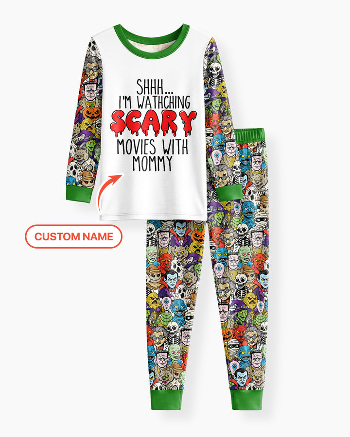 Personalized Shhh... I'm Watching Scary Movies With MOMMY Bamboo Two Piece Long Sleeve Pajama Set