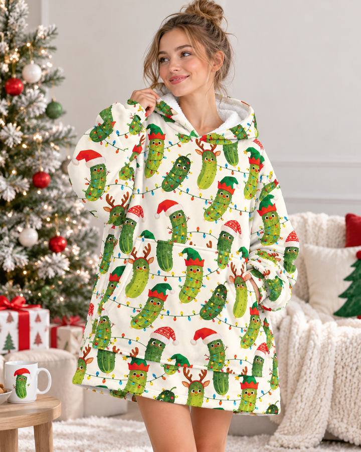 Cheerful Christmas Pickle Bamboo Blanket Hoodie