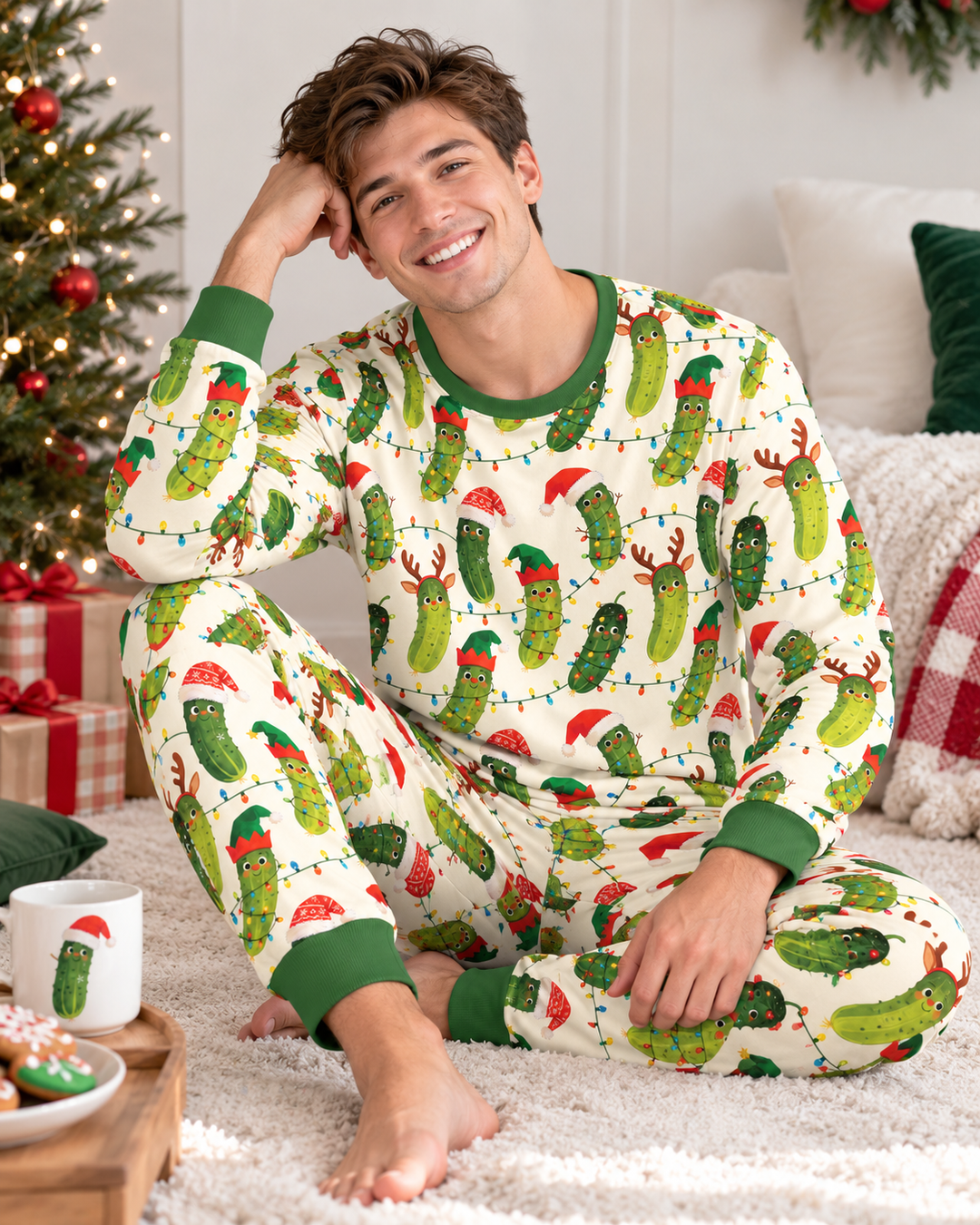 Cheerful Christmas Pickle Bamboo Men's Pajama Set