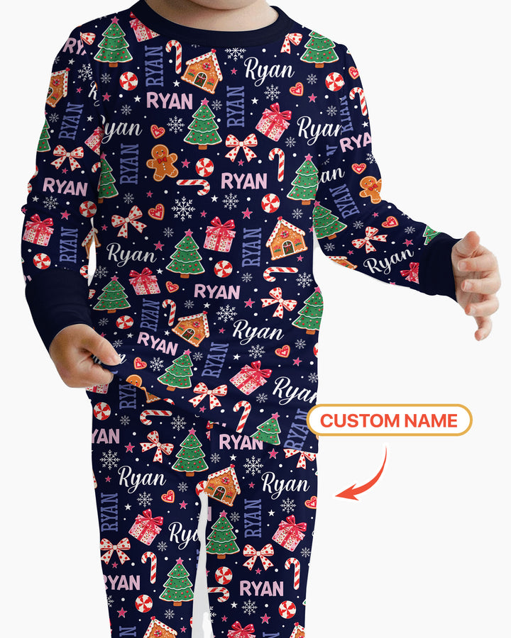 Custom Name Christmas Crew Family Matching Bamboo Two Piece Long Sleeve Pajama Set