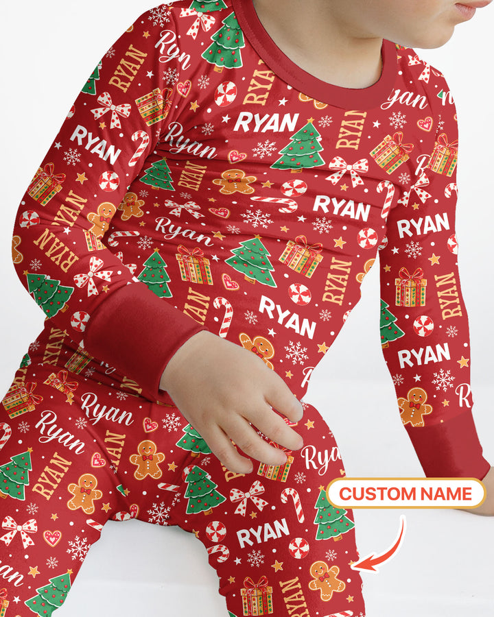 Custom Name Christmas Crew Family Matching Bamboo Two Piece Long Sleeve Pajama Set