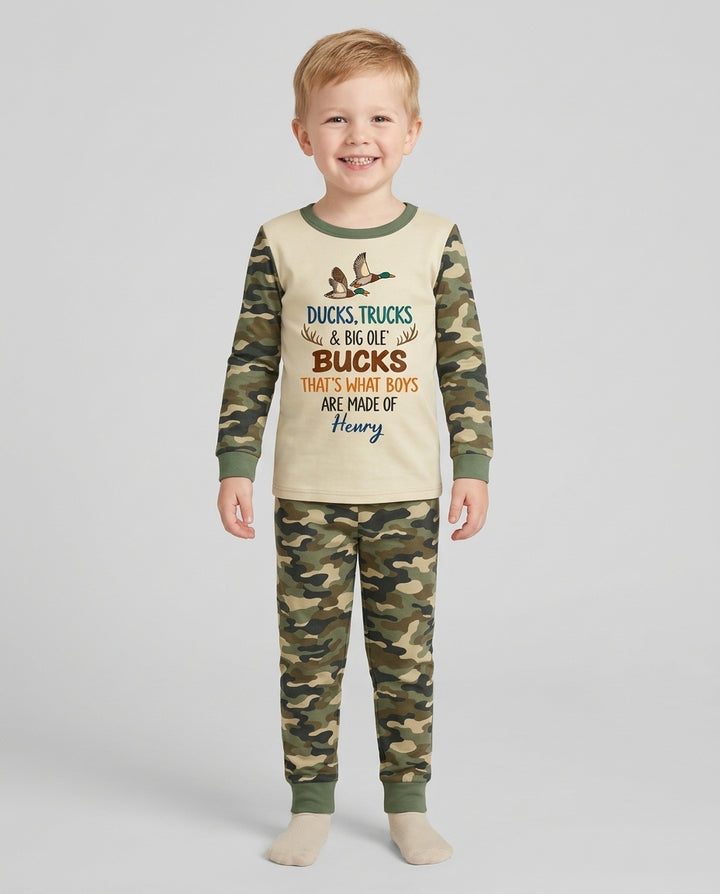 Custom Name Ducks, Trucks & Big Ole' Bucks Bamboo Two Piece Long Sleeve Pajama Set