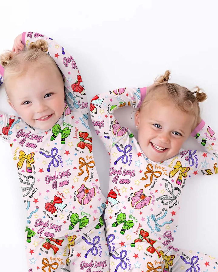 Pencil Bows God Says I Am Bamboo Two Piece Long Sleeve Pajama Set