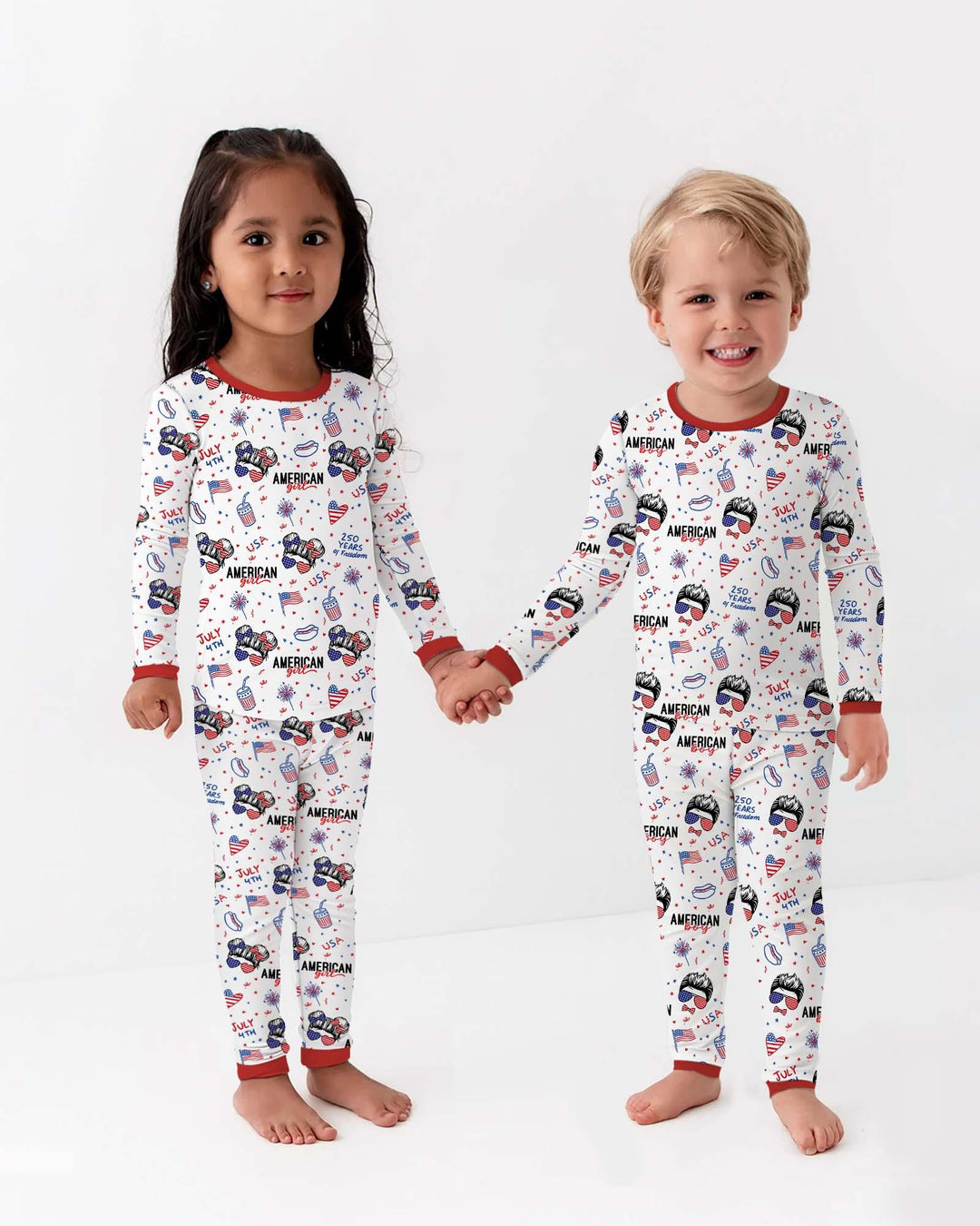 Doodle American Flag Glasses Family Matching Bamboo Two Piece Long Sleeve Pajama Set