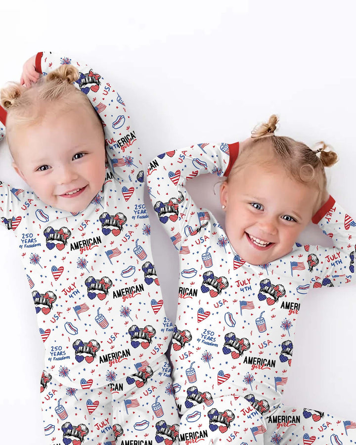 Doodle American Flag Glasses Family Matching Bamboo Two Piece Long Sleeve Pajama Set