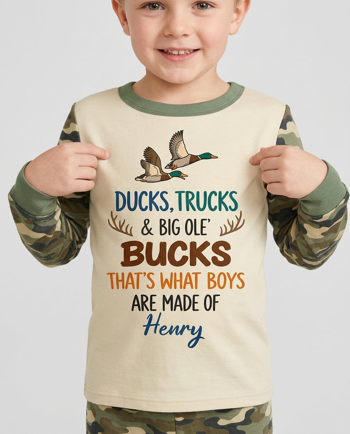 Custom Name Ducks, Trucks & Big Ole' Bucks Bamboo Two Piece Long Sleeve Pajama Set