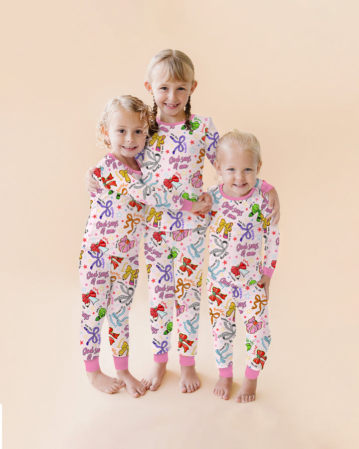 Pencil Bows God Says I Am Bamboo Two Piece Long Sleeve Pajama Set