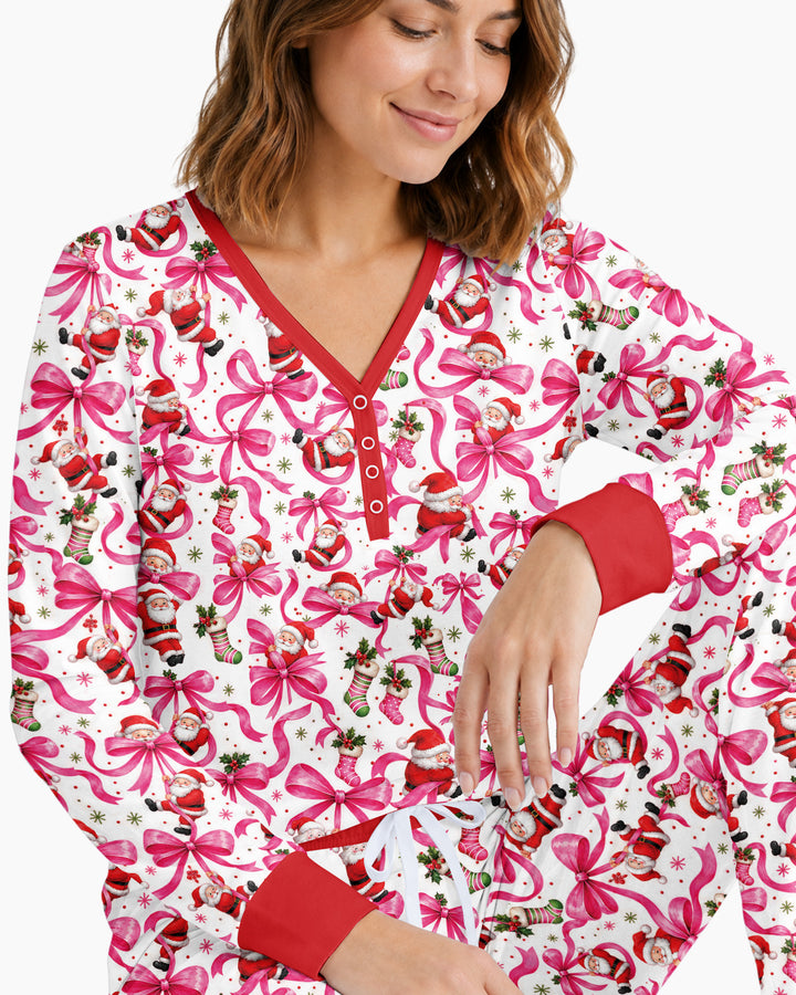 Pink Christmas Santa Bows Bamboo Women Pajama Set