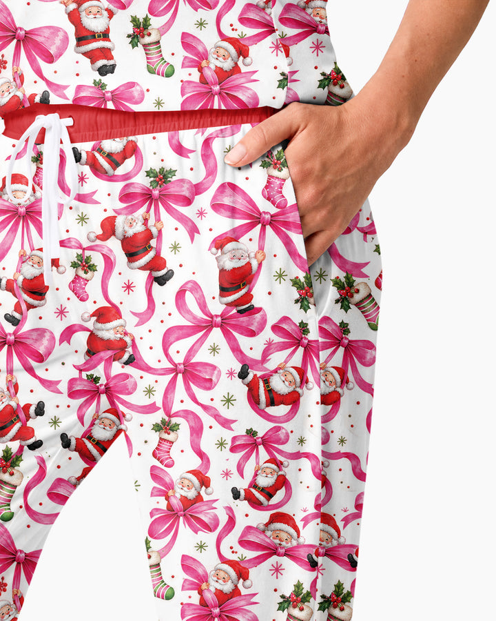 Pink Christmas Santa Bows Bamboo Women Pajama Set