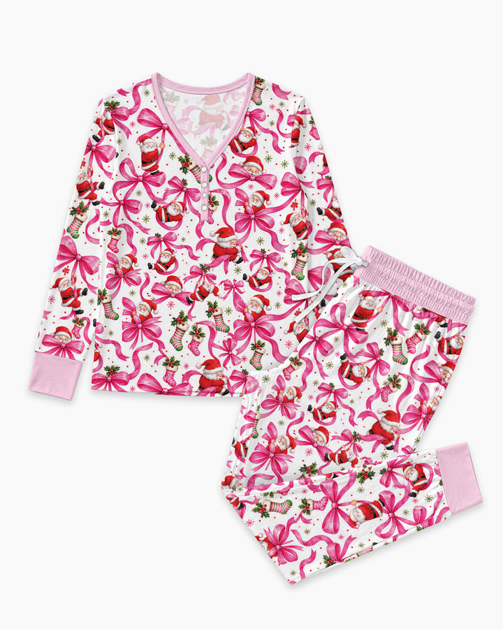 Pink Christmas Santa Bows Bamboo Women Pajama Set