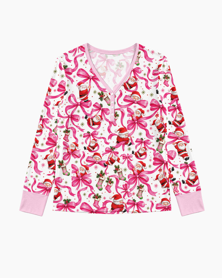 Pink Christmas Santa Bows Bamboo Women Pajama Set