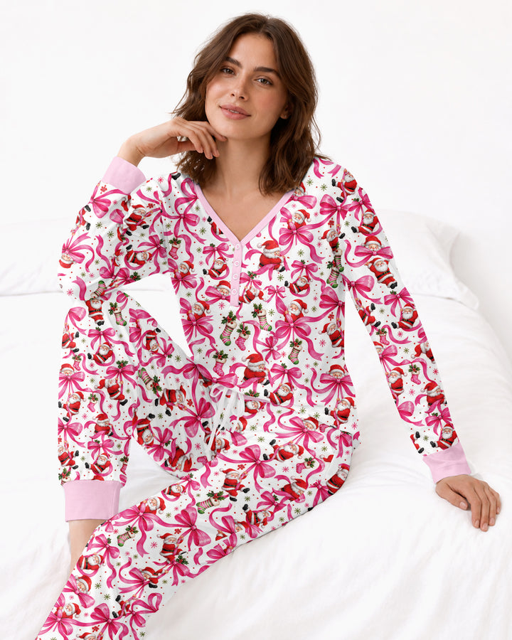 Pink Christmas Santa Bows Bamboo Women Pajama Set