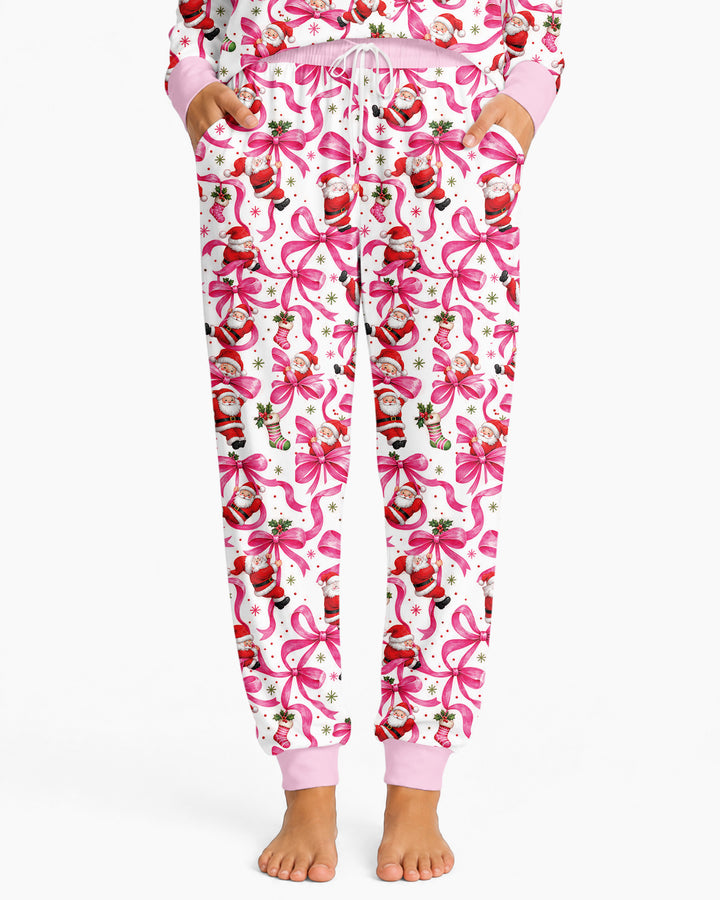Pink Christmas Santa Bows Bamboo Women Pajama Set