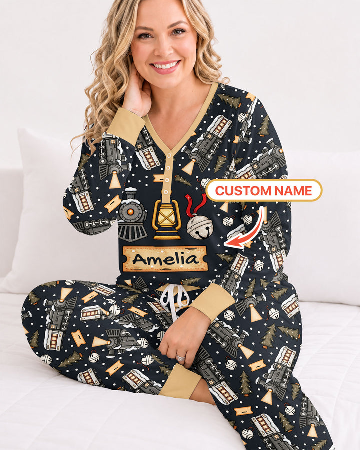 Custom Name Believe Kid Train Bamboo Women Pajama Set