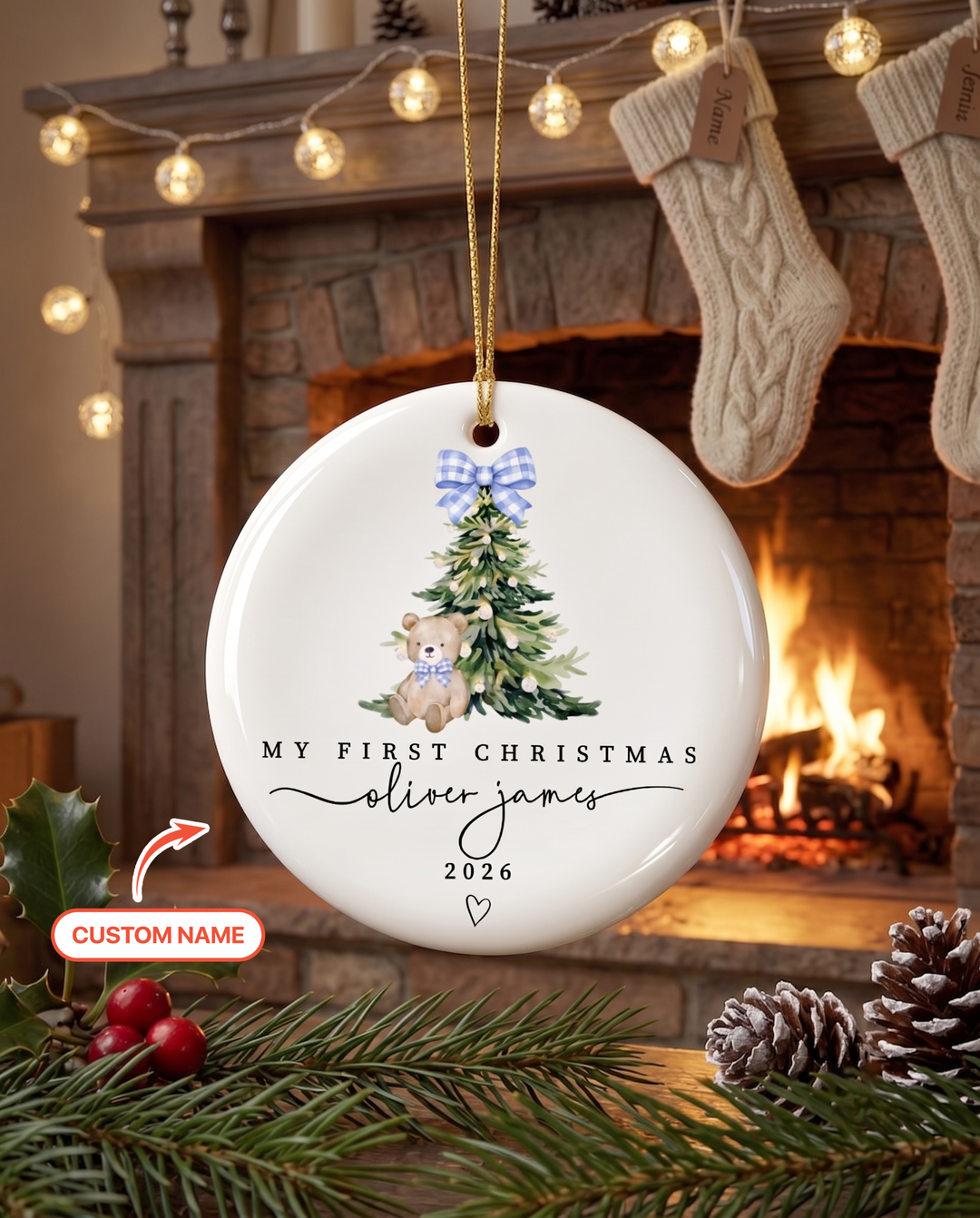 Custom Name First Christmas Teddy Bear Ceramic Ornament