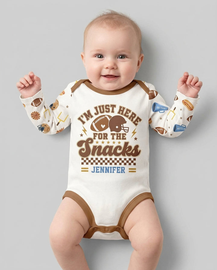 Custom Name Football I'm Just Here For The Snacks Bamboo Bodysuit