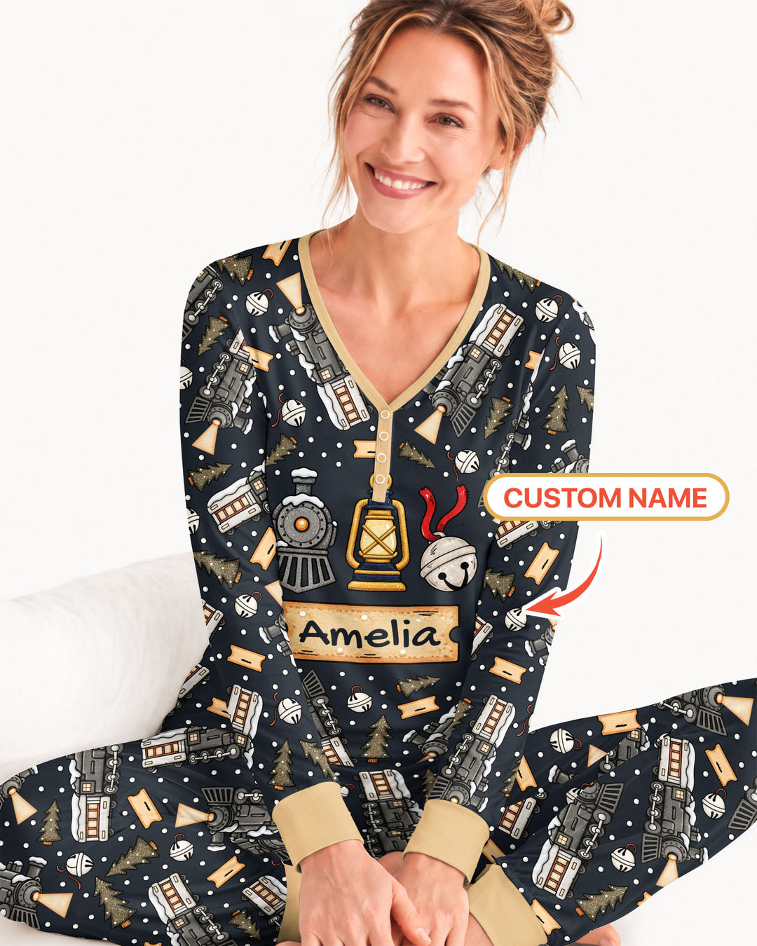 Custom Name Believe Kid Train Bamboo Women Pajama Set