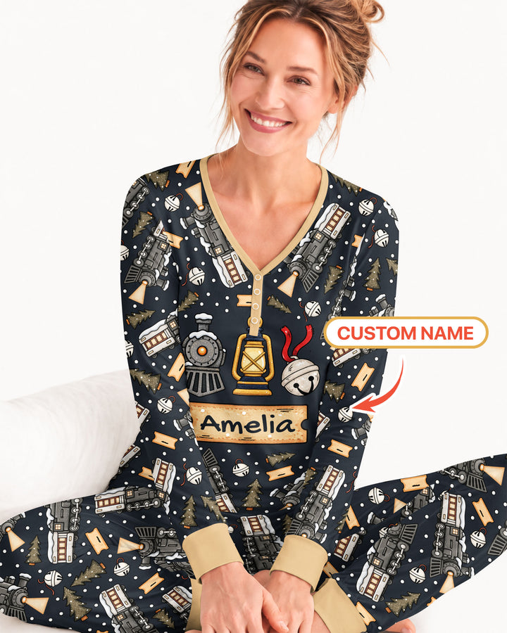 Custom Name Believe Kid Train Bamboo Women Pajama Set