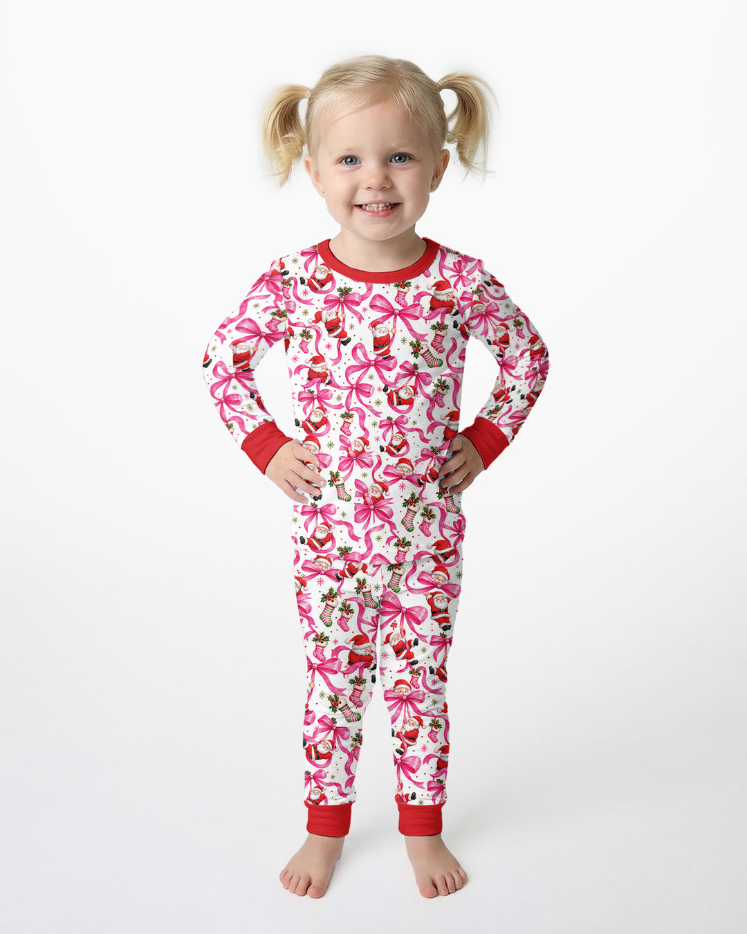 Pink Christmas Santa Bows Bamboo Two Piece Long Sleeve Pajama Set
