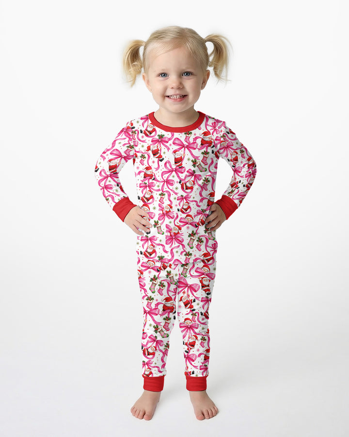 Pink Christmas Santa Bows Bamboo Two Piece Long Sleeve Pajama Set