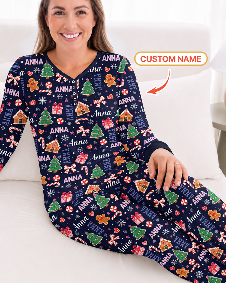 Custom Name Christmas Crew Family Matching Bamboo Women Pajama Set