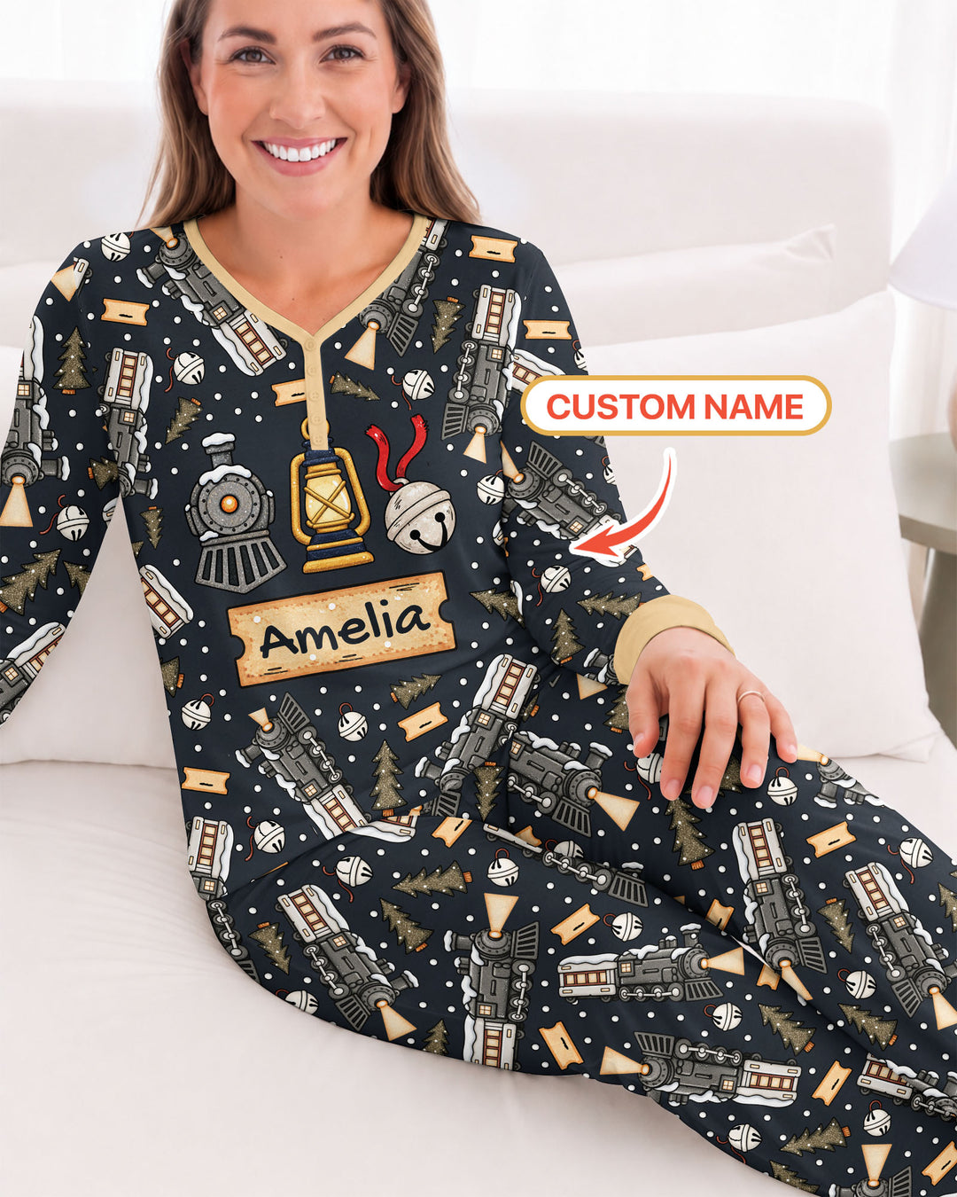Custom Name Believe Kid Train Bamboo Women Pajama Set