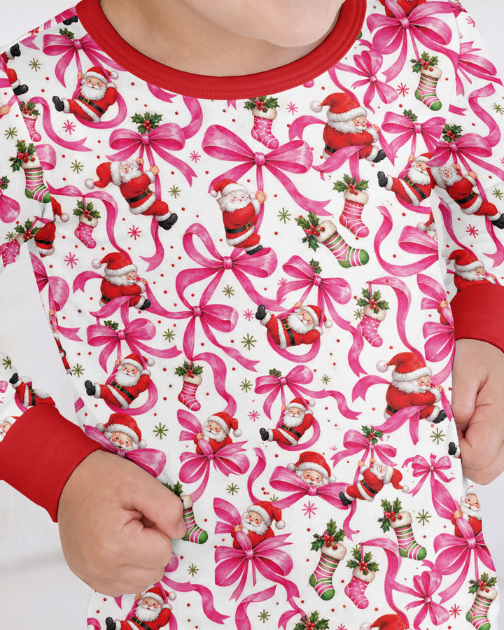 Pink Christmas Santa Bows Bamboo Two Piece Long Sleeve Pajama Set