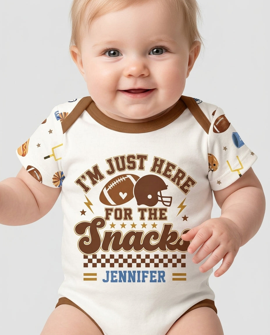 Custom Name Football I'm Just Here For The Snacks Bamboo Bodysuit