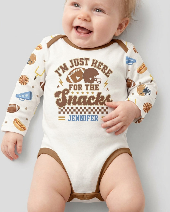 Custom Name Football I'm Just Here For The Snacks Bamboo Bodysuit