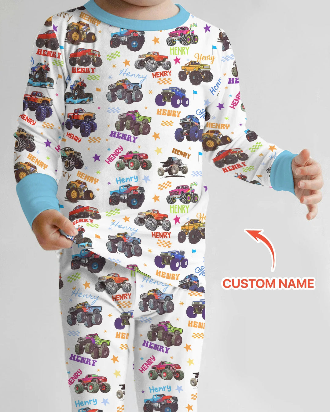 Monster Truck Custom Name Bamboo Two Piece Long Sleeve Pajama Set