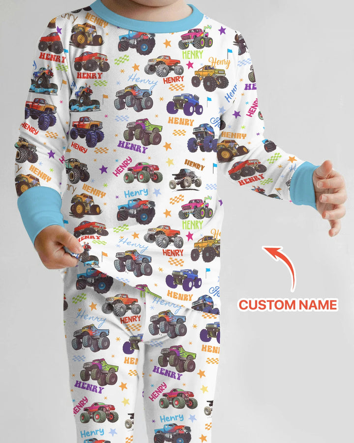 Monster Truck Custom Name Bamboo Two Piece Long Sleeve Pajama Set
