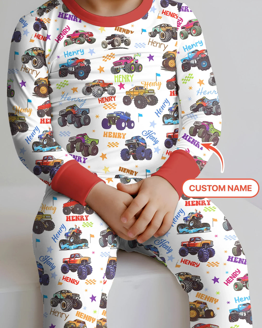 Monster Truck Custom Name Bamboo Two Piece Long Sleeve Pajama Set