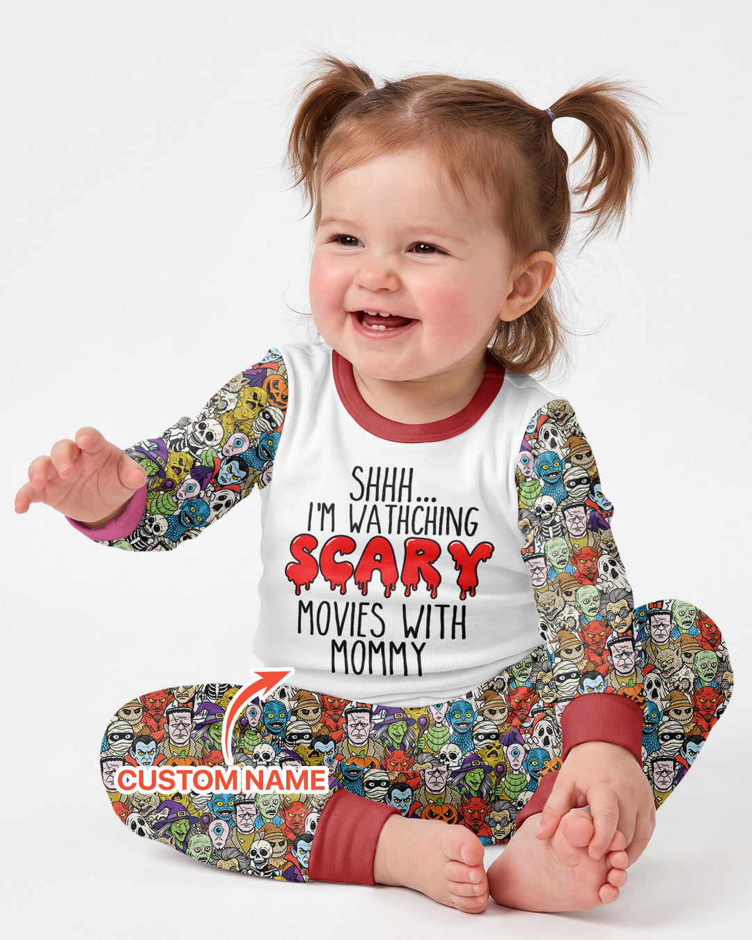 Personalized Shhh... I'm Watching Scary Movies With MOMMY Bamboo Two Piece Long Sleeve Pajama Set