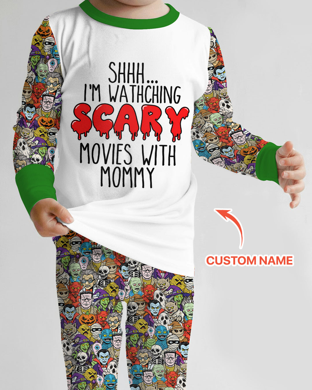 Personalized Shhh... I'm Watching Scary Movies With MOMMY Bamboo Two Piece Long Sleeve Pajama Set