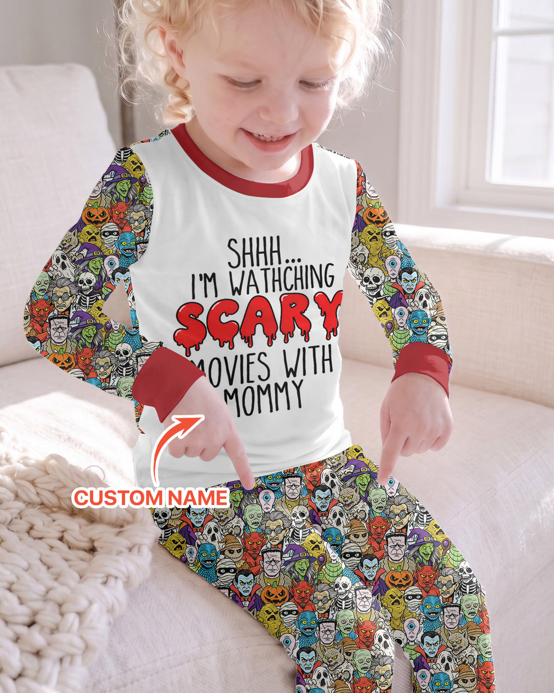 Personalized Shhh... I'm Watching Scary Movies With MOMMY Bamboo Two Piece Long Sleeve Pajama Set