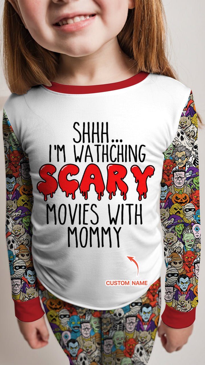 Personalized Shhh... I'm Watching Scary Movies With MOMMY Bamboo Two Piece Long Sleeve Pajama Set