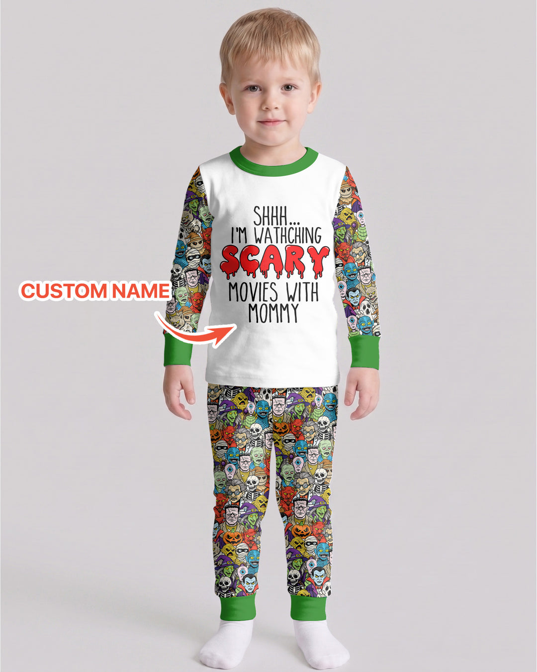 Personalized Shhh... I'm Watching Scary Movies With MOMMY Bamboo Two Piece Long Sleeve Pajama Set
