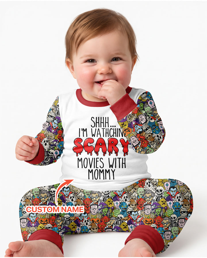 Personalized Shhh... I'm Watching Scary Movies With MOMMY Bamboo Two Piece Long Sleeve Pajama Set