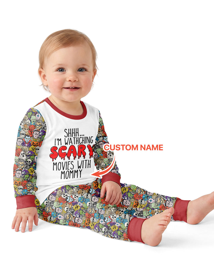 Personalized Shhh... I'm Watching Scary Movies With MOMMY Bamboo Two Piece Long Sleeve Pajama Set