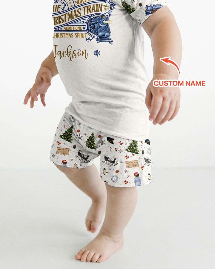Custom Name North Pole Adventure Bamboo Two Piece Short Sleeve Shorts Pajama Set