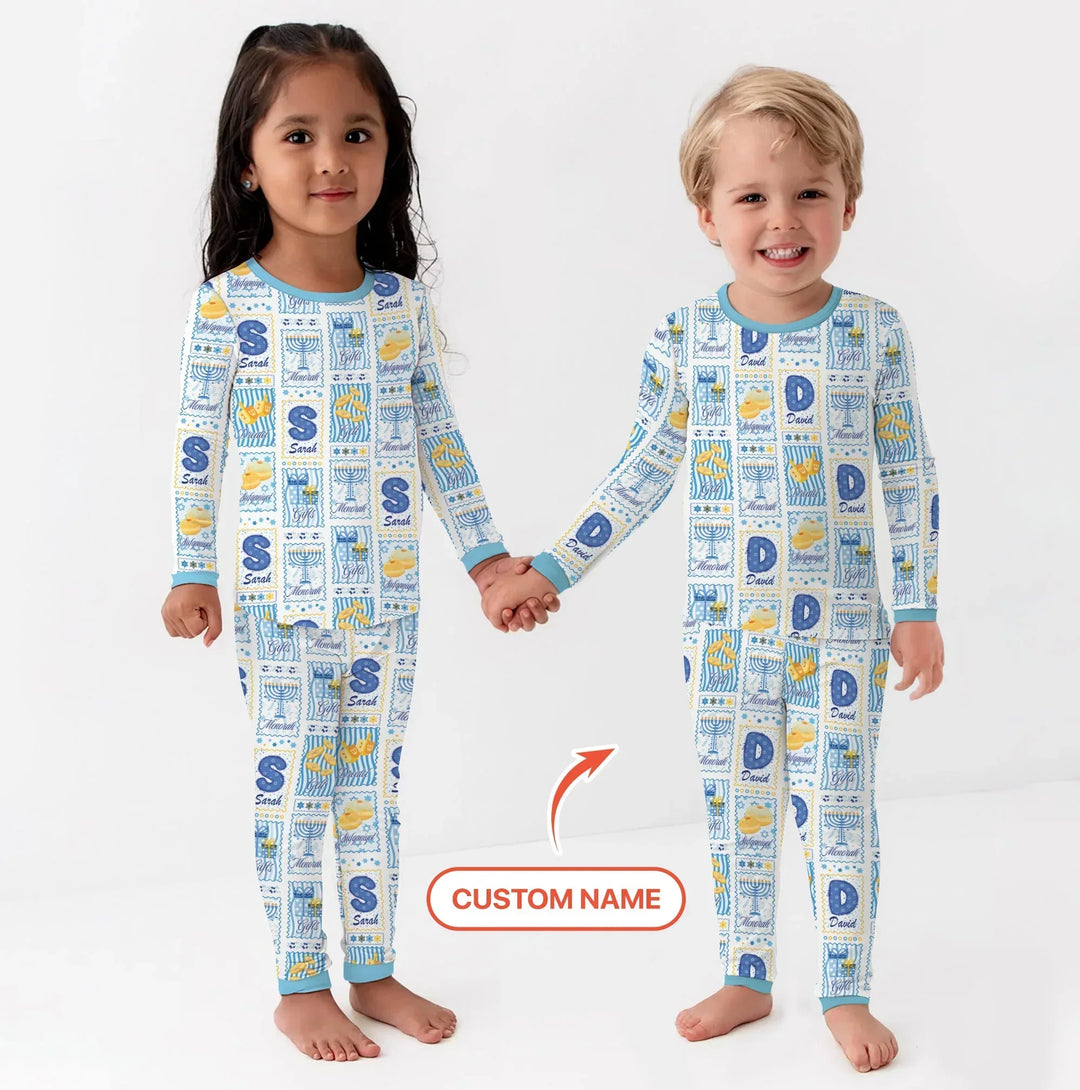 Light of Hanukkah Custom Name Bamboo Two Piece Long Sleeve Pajama Set