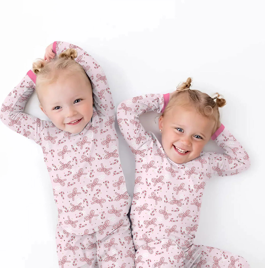 Pink Candy Bows Bamboo Two Piece Long Sleeve Pajama Set