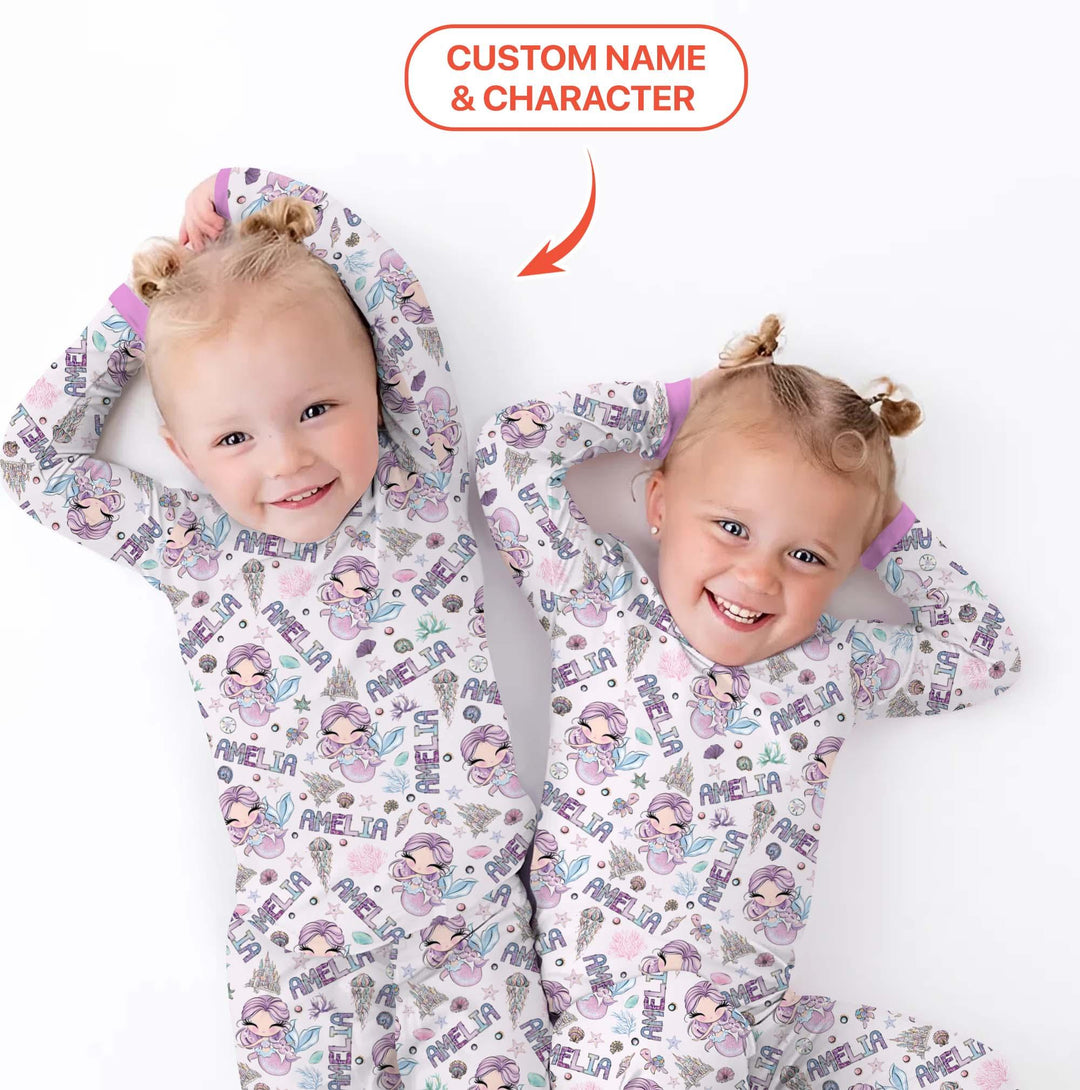Custom Name Doodle Little Mermaid Bamboo Two Piece Long Sleeve Pajama Set