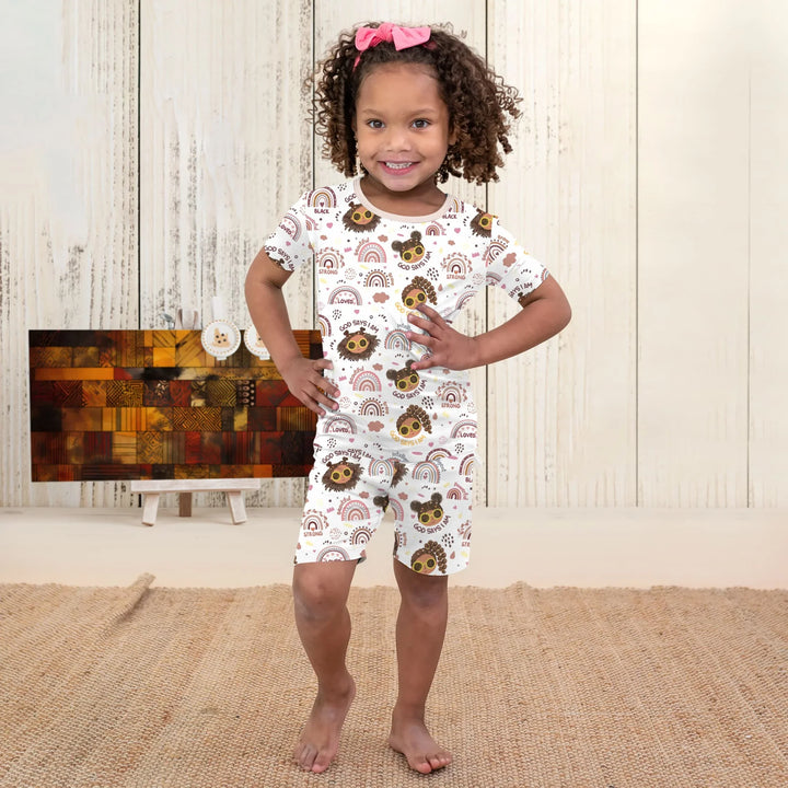 Afro African American Girl Bamboo Two Piece Short Sleeve Shorts Pajama Set