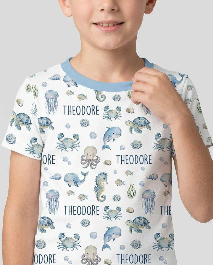 Custom Name Ocean Friends Bamboo Two Piece Short Sleeve Pajama Set