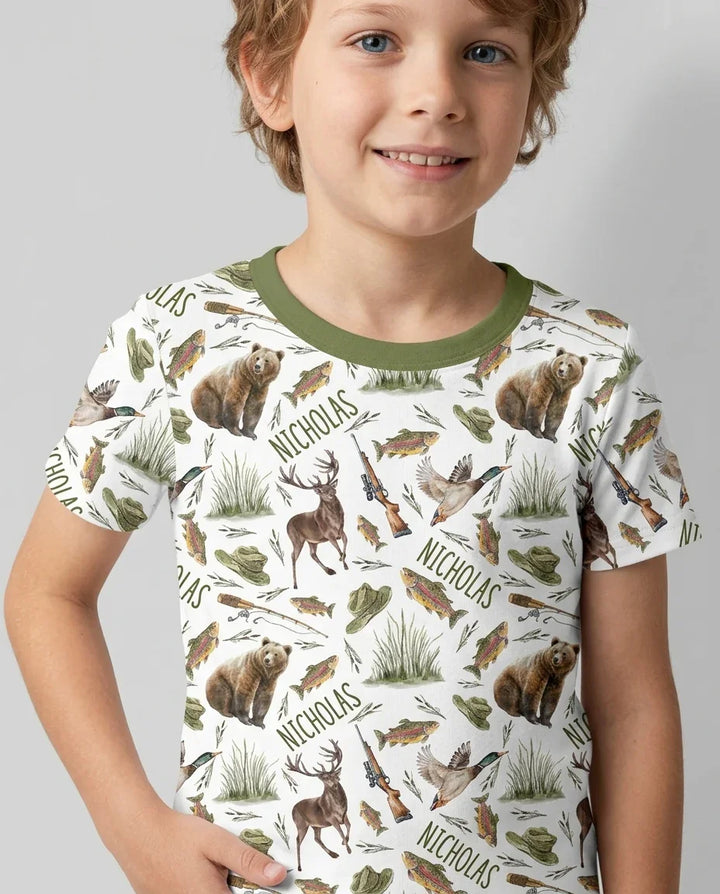 Custom Name Little Hunter Bamboo Two Piece Short Sleeve Pajama Set
