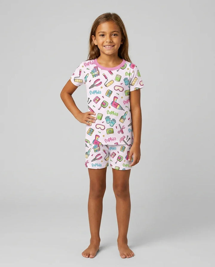 Custom Name Dad & Me Fixer Crew Bamboo Two Piece Short Sleeve Shorts Pajama Set