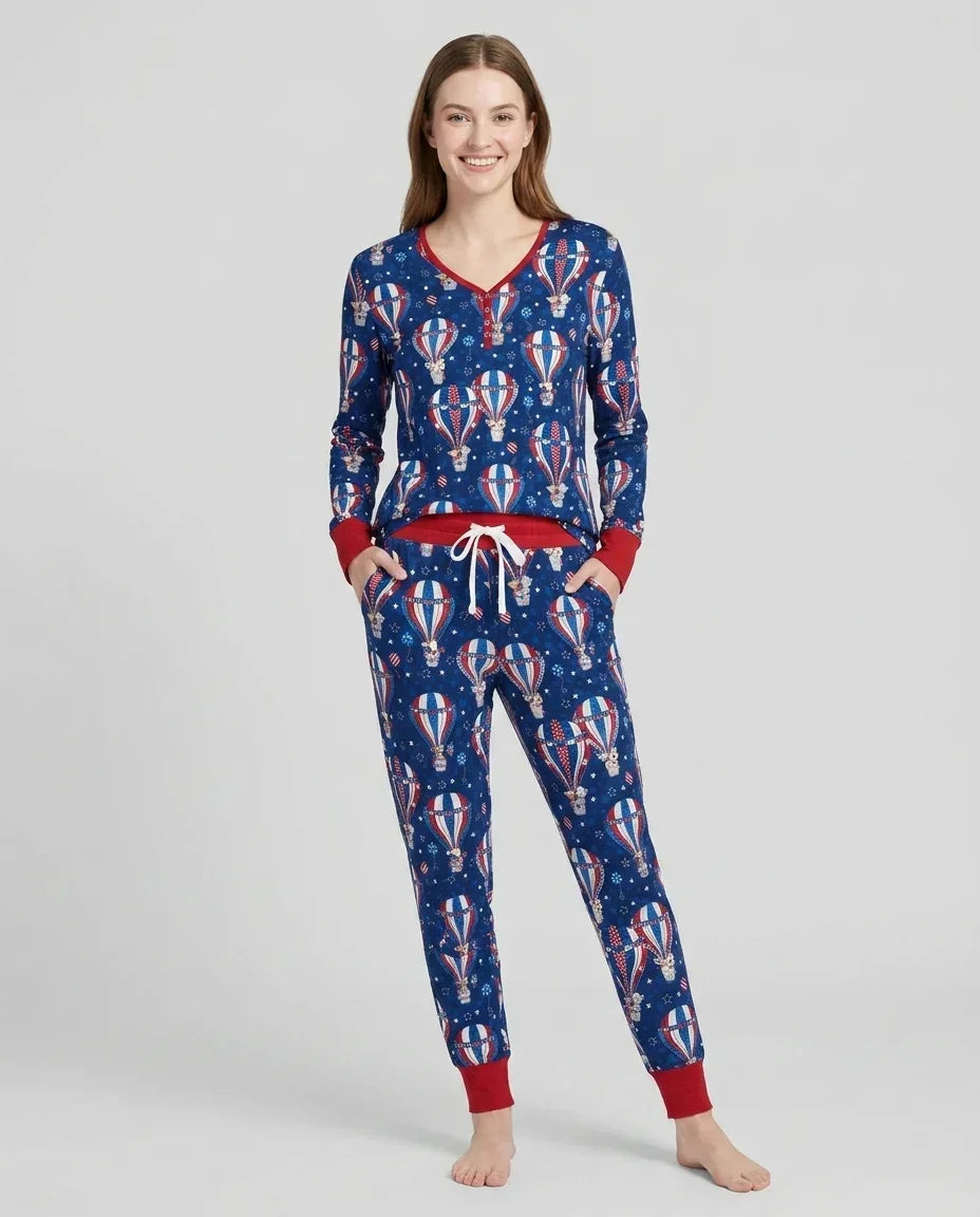 Patriotic Pups in Hot Air Balloons Family Matching Bamboo Women Pajama Set