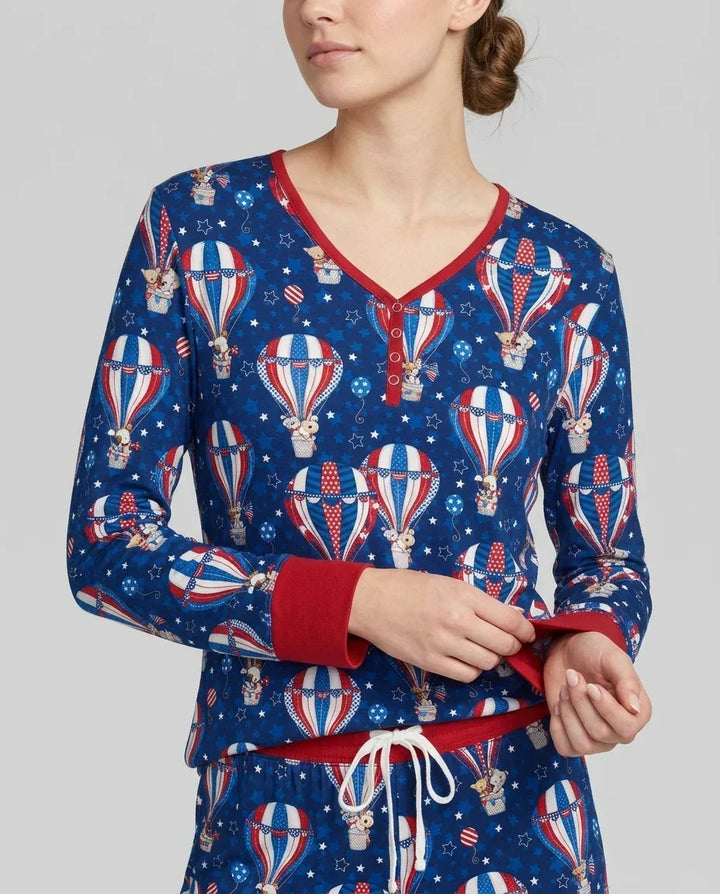 Patriotic Pups in Hot Air Balloons Family Matching Bamboo Women Pajama Set